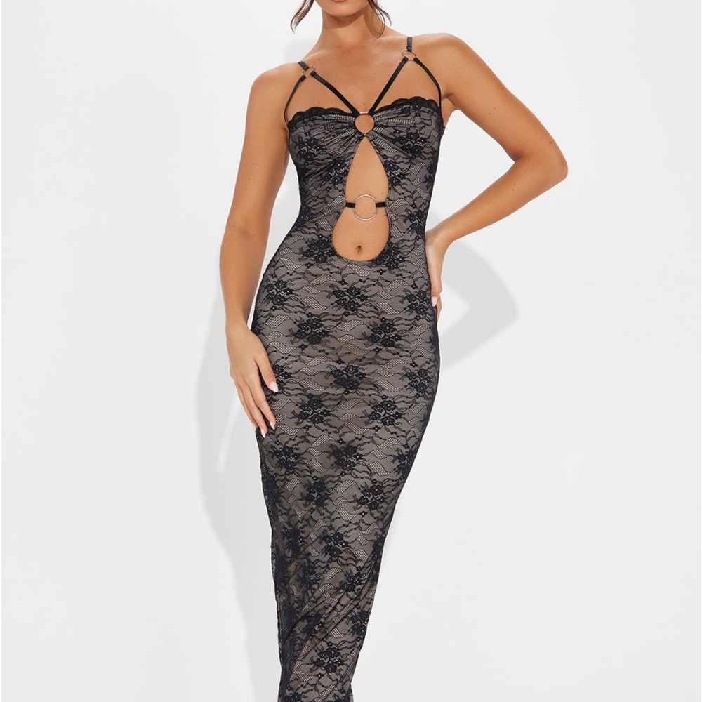 Black Lace Cutout Bodycon Dress with Ring Detail